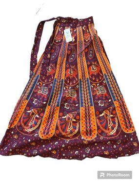 Burgundy, Orange Mixed Print Maxi Skirt Ethnic Pattern Made in India NWT